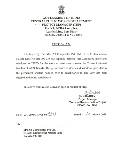 CERTIFICATE OF CPWD TSUNAMI