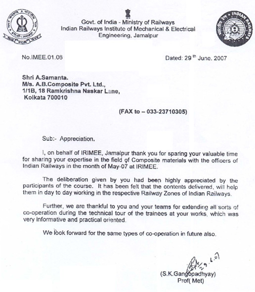 Appreciation Letter from Indian Railways